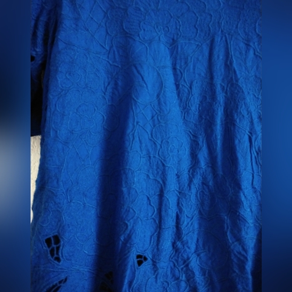 Silky Line Embroidered Shirt with Cutwork Royal Blue on Blue Small, Chest 34" - Picture 3 of 5